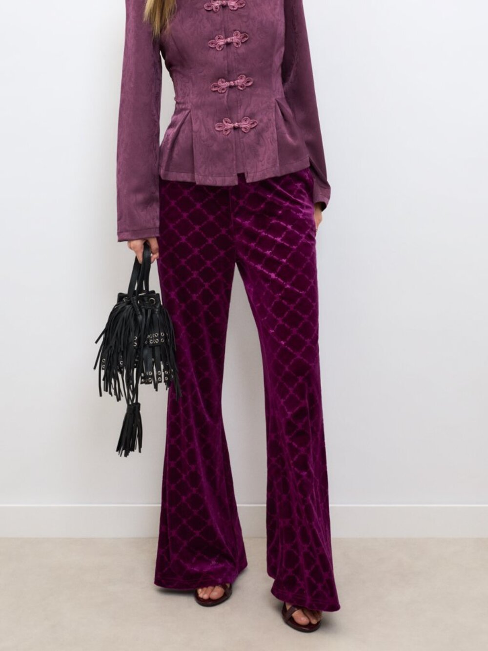 Purple Elegant Women's Elastic Waist Geometric Jacquard Straight Leg Trousers